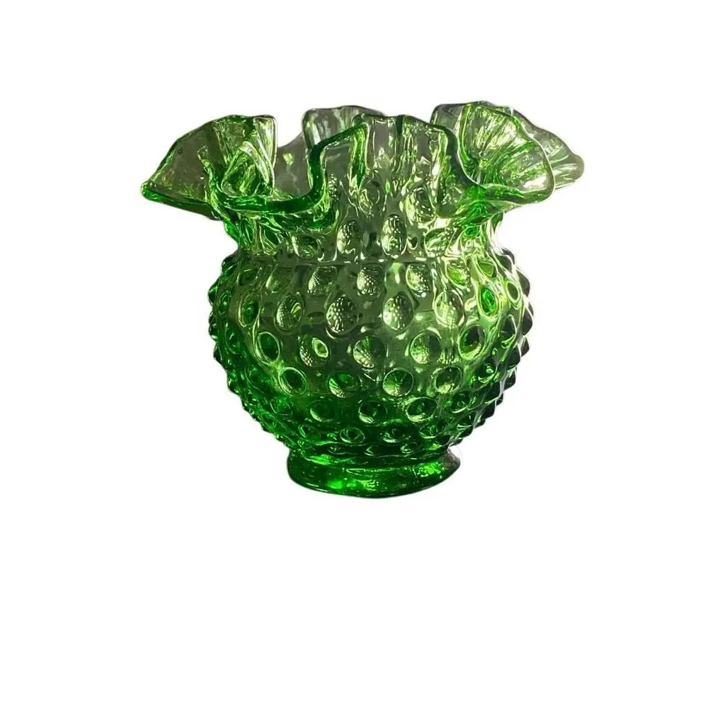 VTG Fenton Glass Vase Spring Time Green Hobnail RoseBowl Ruffled Edge MCM MARKED